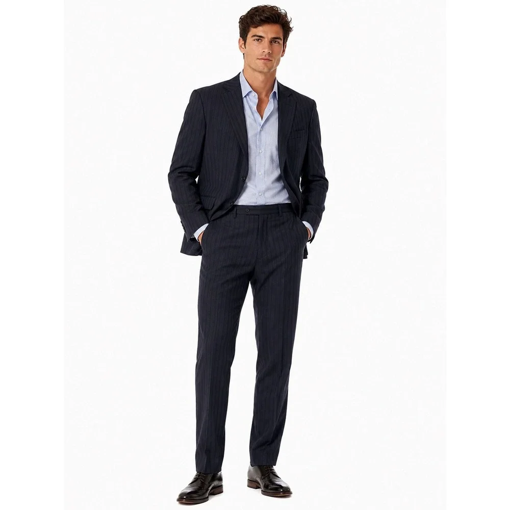 Zegna Blazer Suit Jacket Mens 52 L Navy Blue Pinstripe Wool Italy City Luxury